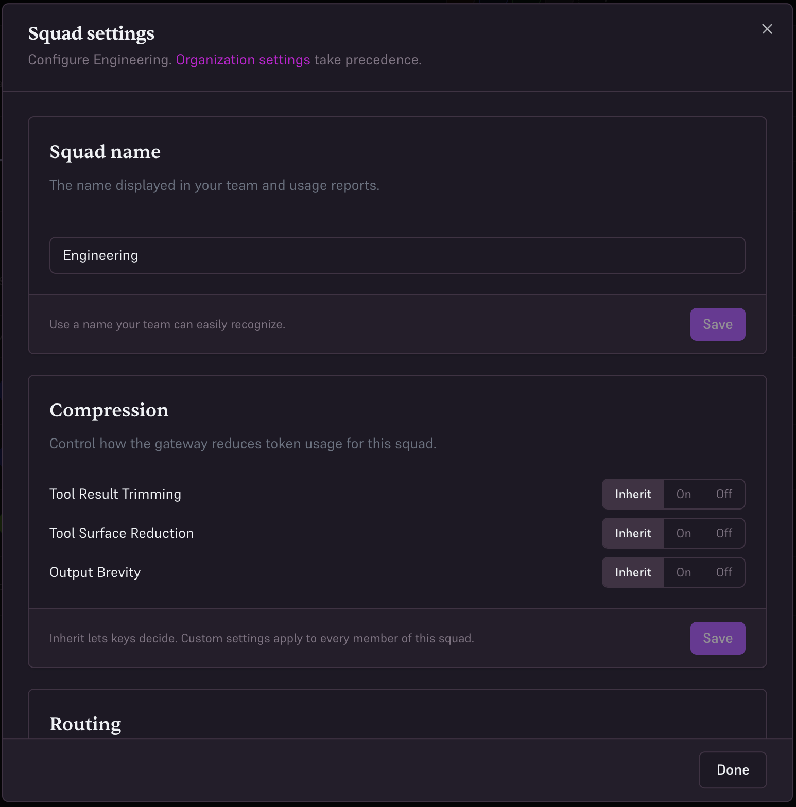 Engineering squad settings with Inherit, On, and Off controls for each compression strategy.