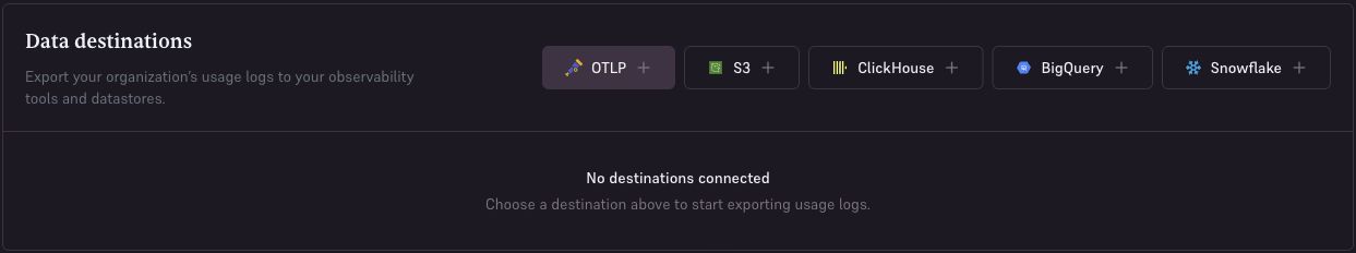 Data destinations with buttons to add OTLP, S3, ClickHouse, BigQuery, or Snowflake.