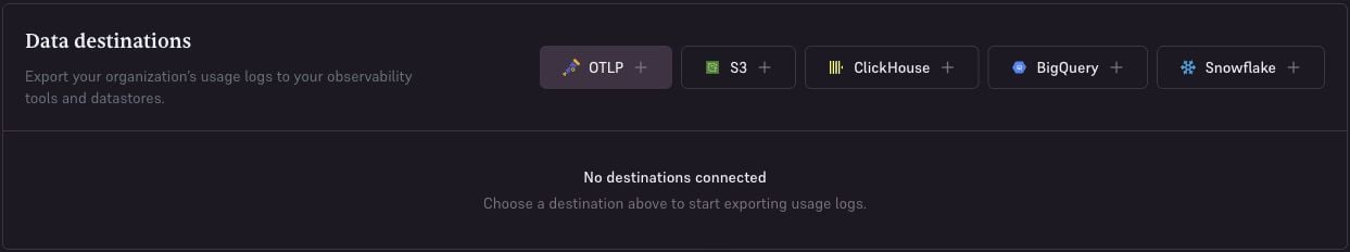 Data destinations with buttons to add OTLP, S3, ClickHouse, BigQuery, or Snowflake.