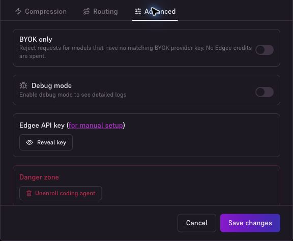Coding-agent Advanced tab showing the Debug mode switch and Save changes button.
