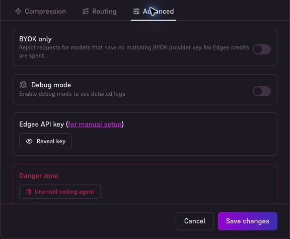 Coding-agent Advanced tab showing the Debug mode switch and Save changes button.