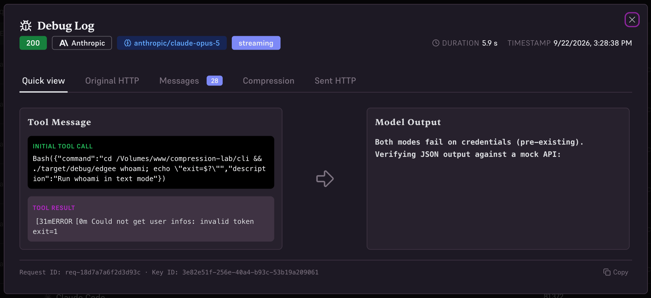 Debug Log Quick view showing a tool message, tool result, and model output.