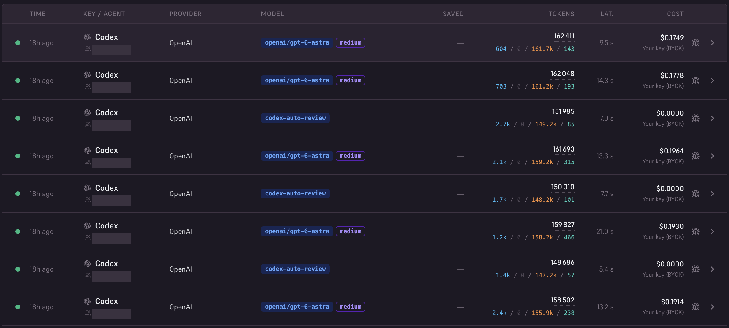Coding-agent requests with bug icons for opening captured debug logs.