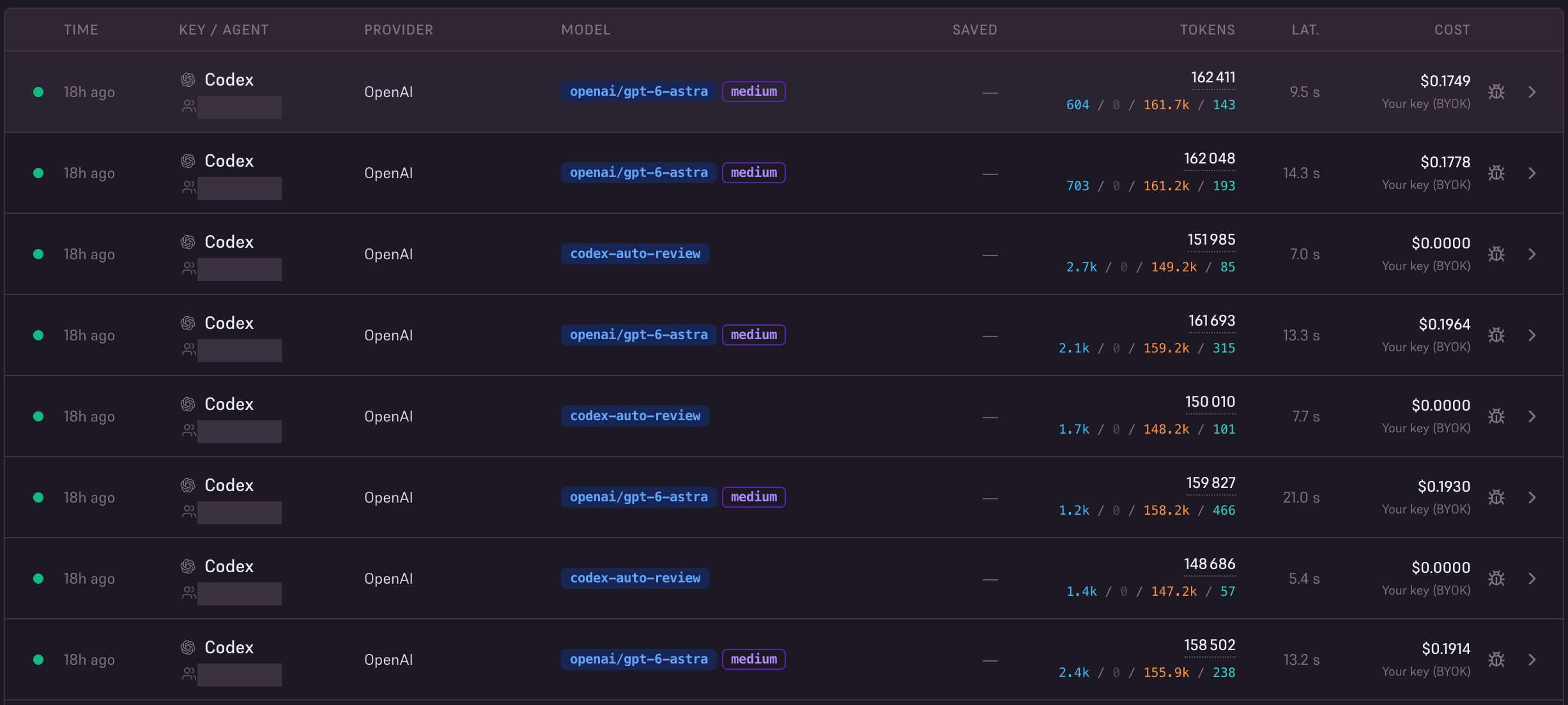 Coding-agent requests with bug icons for opening captured debug logs.