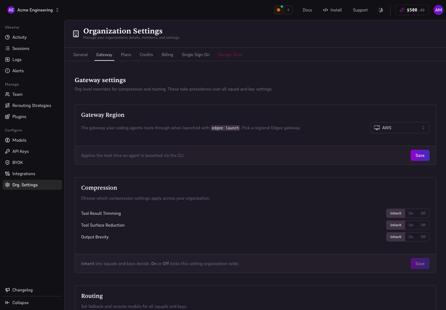 Organization Gateway settings with shared compression and routing controls.