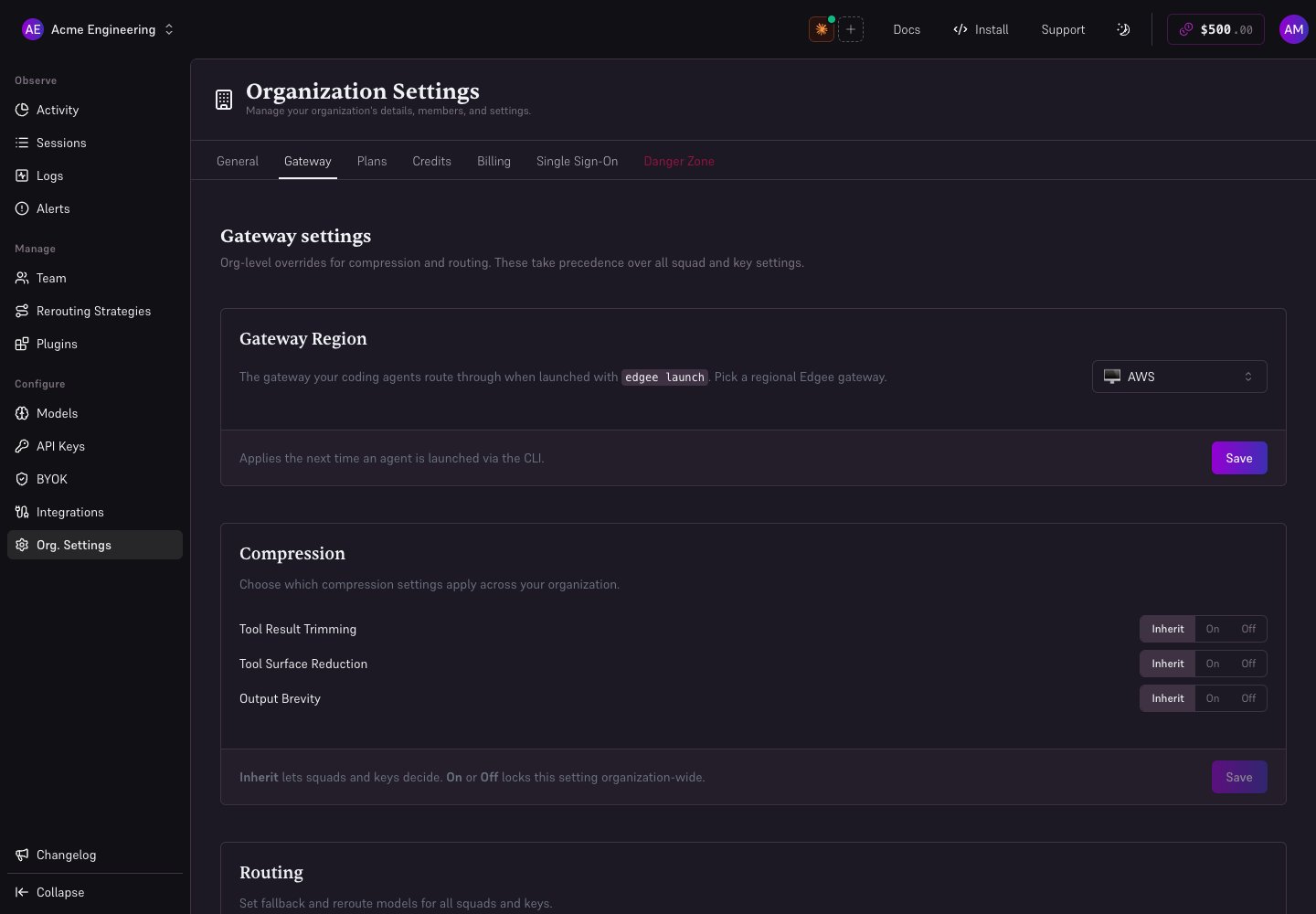Organization Gateway settings with shared compression and routing controls.