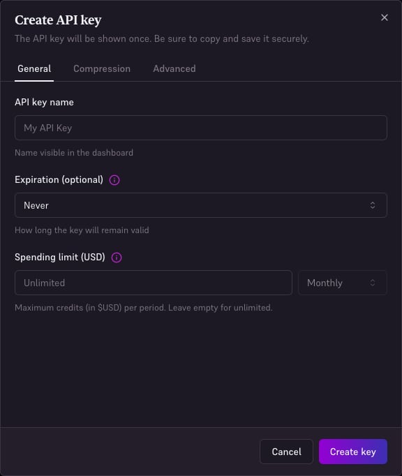 Create API key form with its available access and usage settings.
