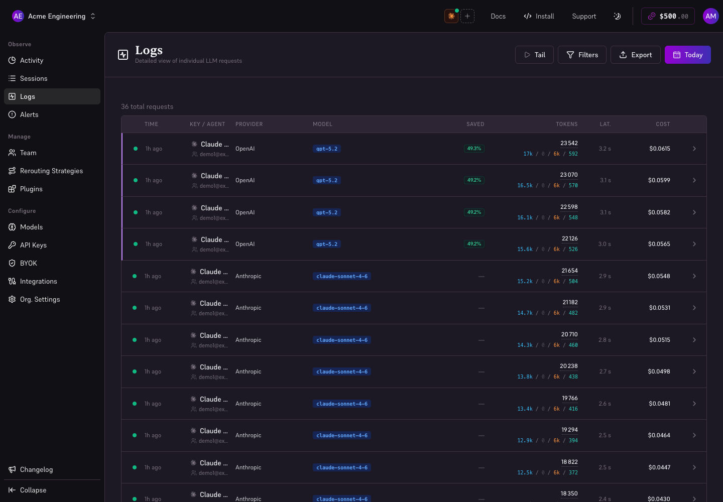 Request logs with model, provider, tokens, latency, and cost.