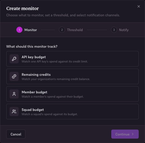 Create monitor wizard with API key, remaining credits, member, and squad choices.
