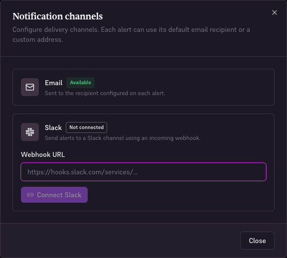 Notification channel settings for email and Slack.