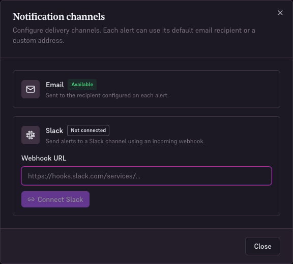 Notification channel settings for email and Slack.