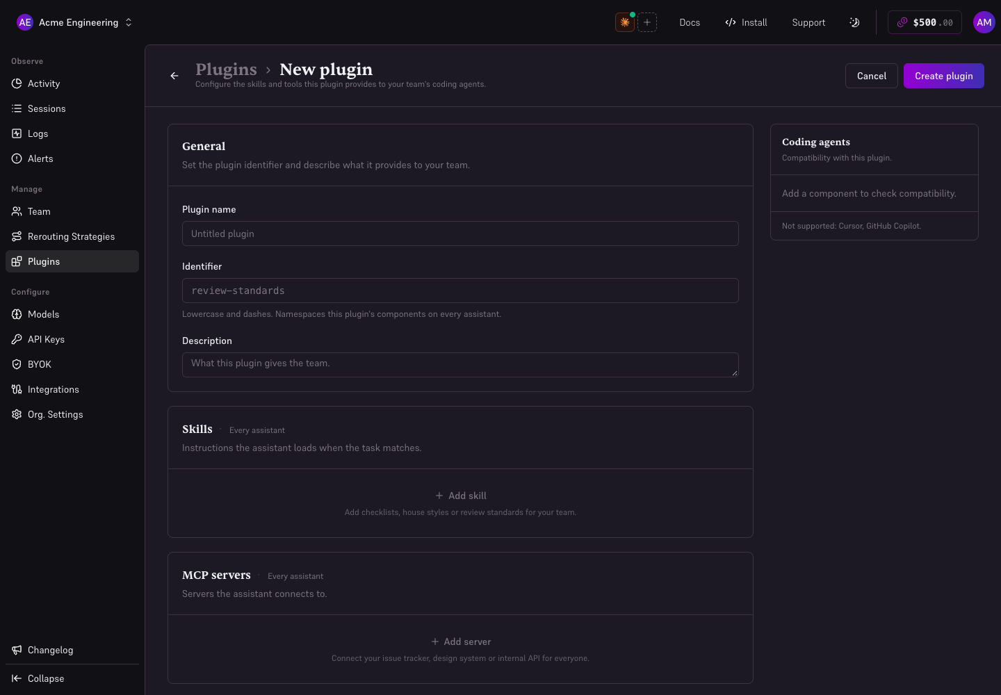 Plugin editor with skills, MCP servers, and agent compatibility.