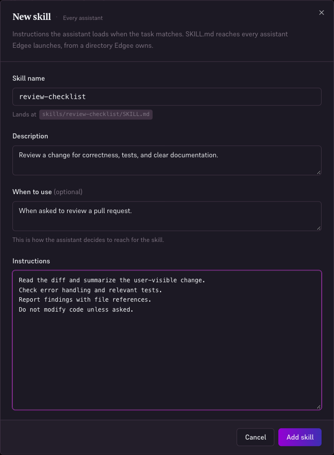 Skill editor filled with a review checklist and its trigger.