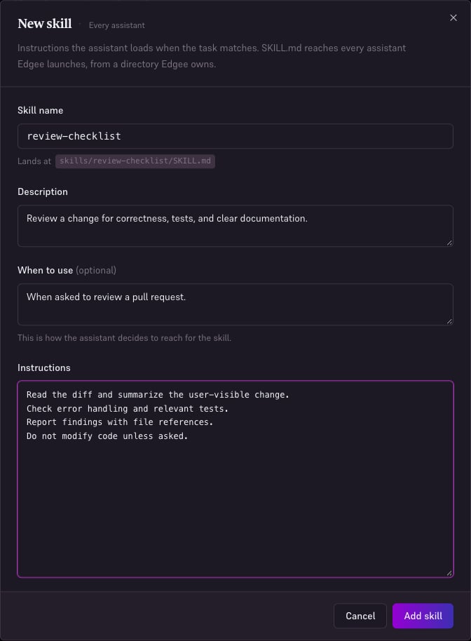 Skill editor filled with a review checklist and its trigger.
