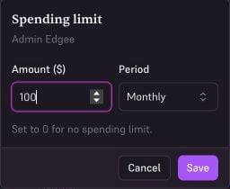 Member spending limit form with a $100 amount, Monthly period, and Save button.