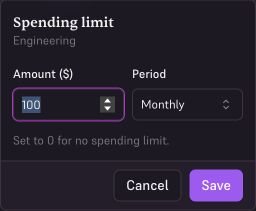 Engineering squad spending limit form with a $100 amount and Monthly period.