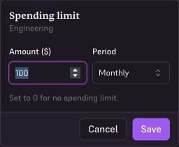 Engineering squad spending limit form with a $100 amount and Monthly period.
