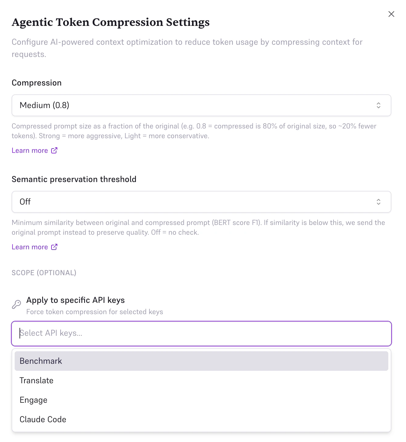 Enable compression for specific API keys
