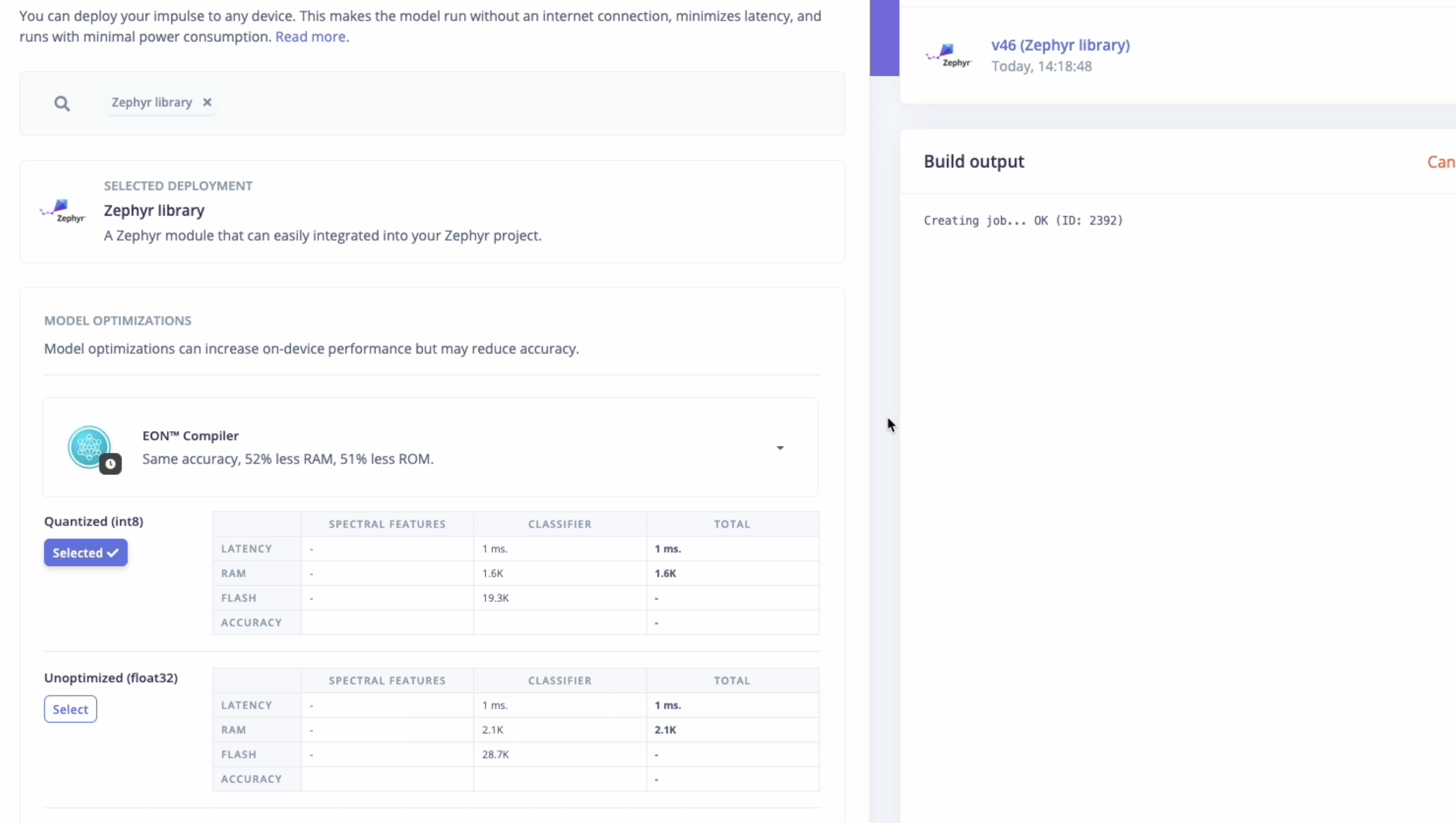 Select Zephyr library in Edge Impulse Deployment tab
