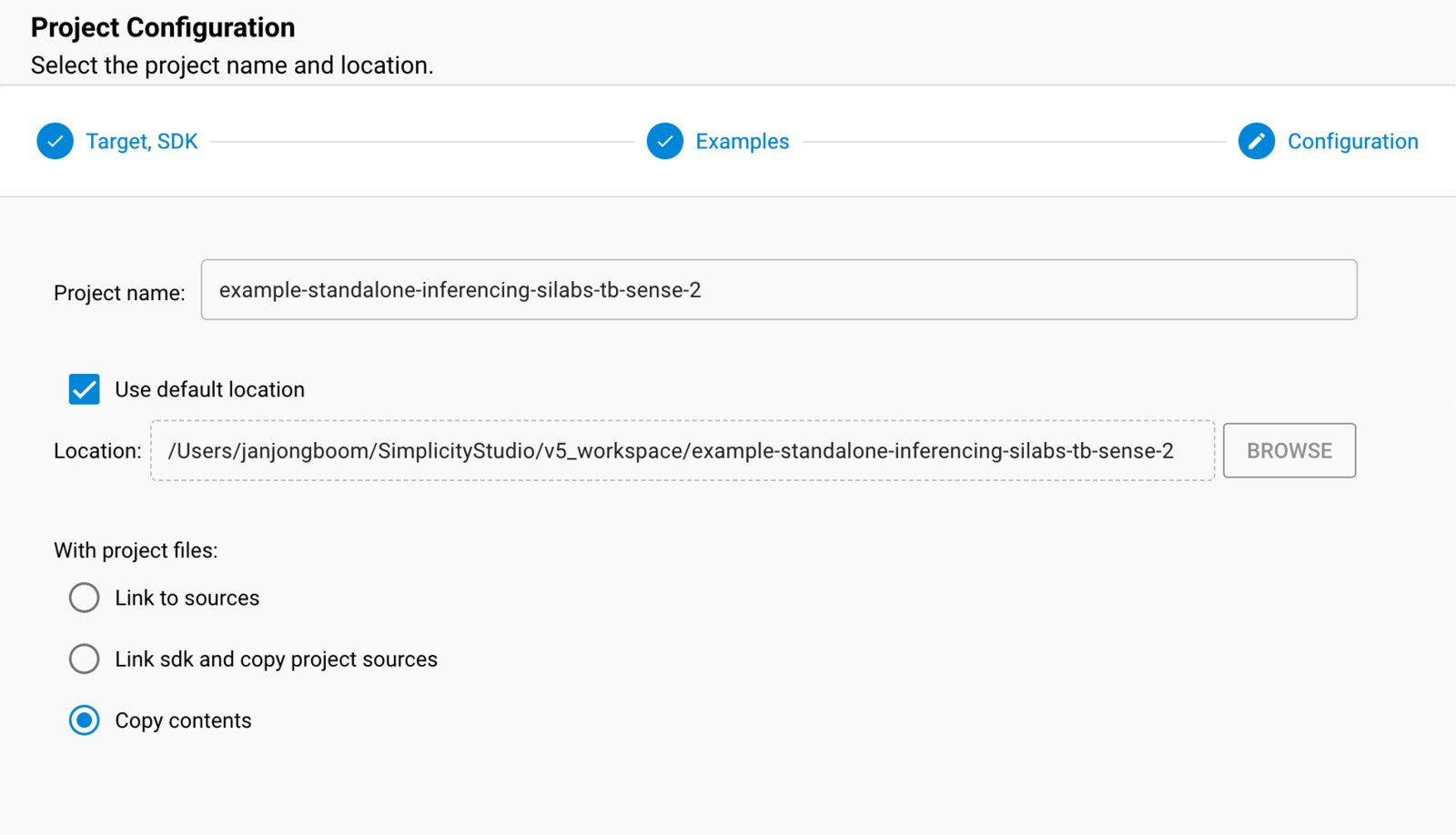 Project configuration wizard naming the Thunderboard Sense 2 standalone inference project