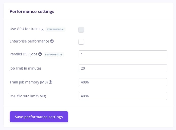 Project performance settings panel with processing and training options