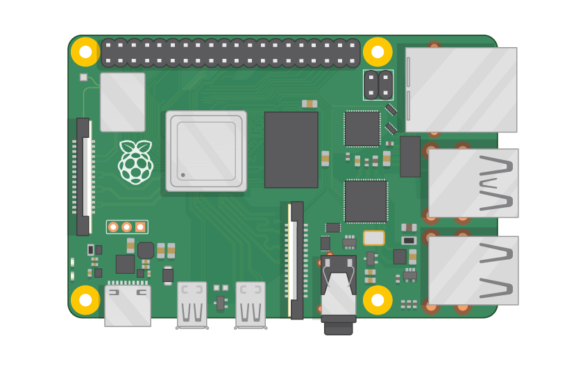 A Raspberry Pi 4 board viewed from above with its ports and GPIO header