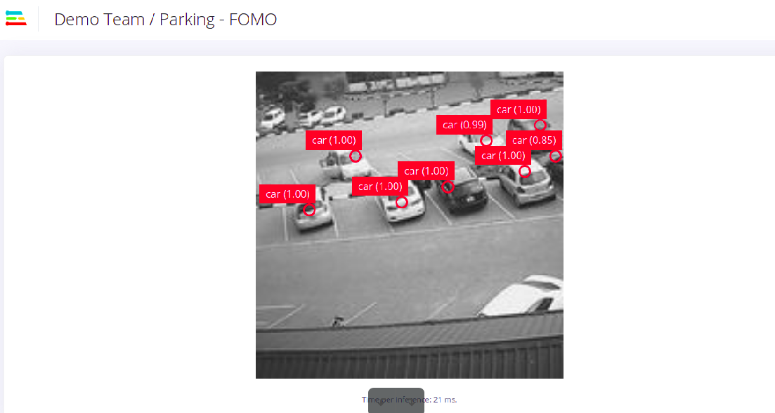 Raspberry Pi terminal running the FOMO object detection model