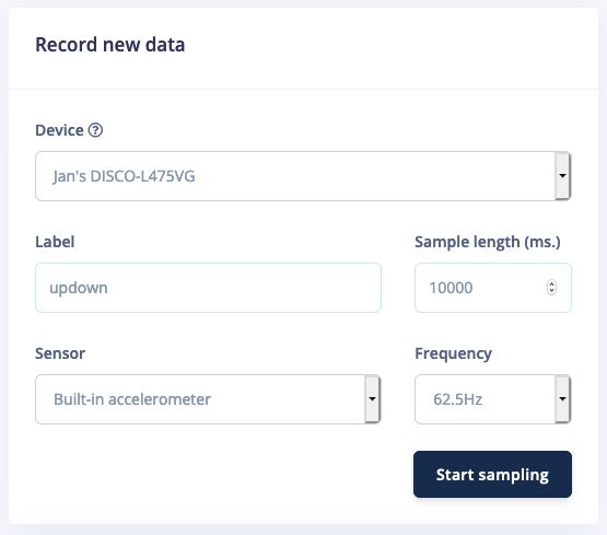 The Record new data form configured for accelerometer sampling