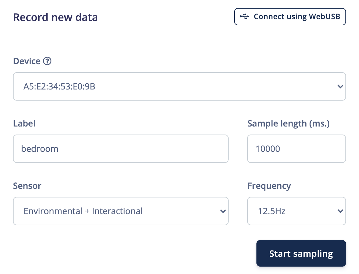 The Record new data form configured for multiple environmental sensors