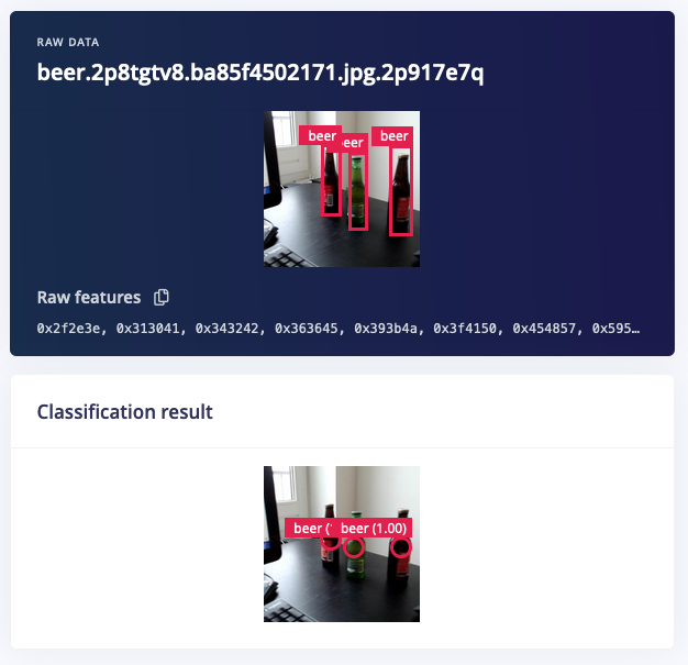 Beer bottle centroid labels compared with the FOMO inference result