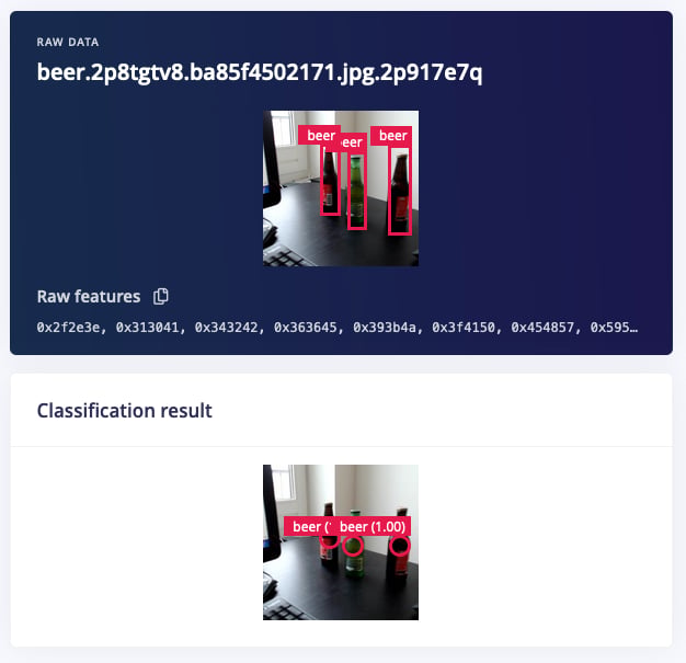Beer bottle centroid labels compared with the FOMO inference result