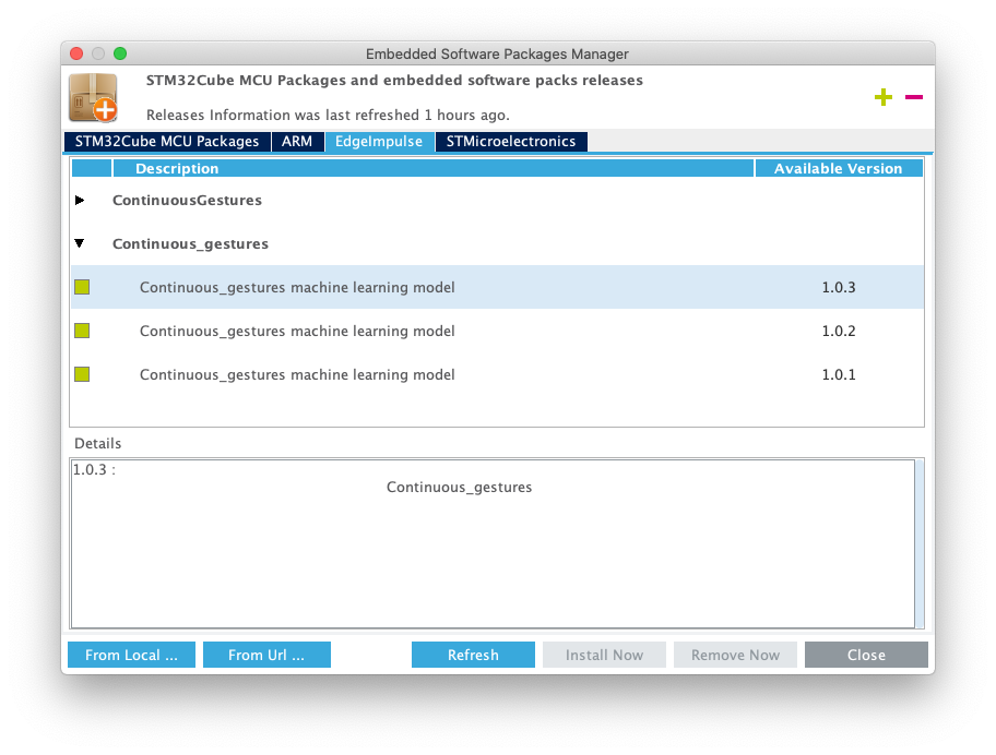 Embedded software package manager showing the Edge Impulse CMSIS pack installed