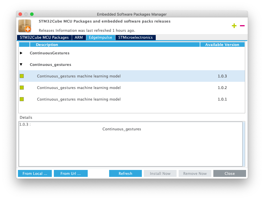 Embedded software package manager showing the Edge Impulse CMSIS pack installed