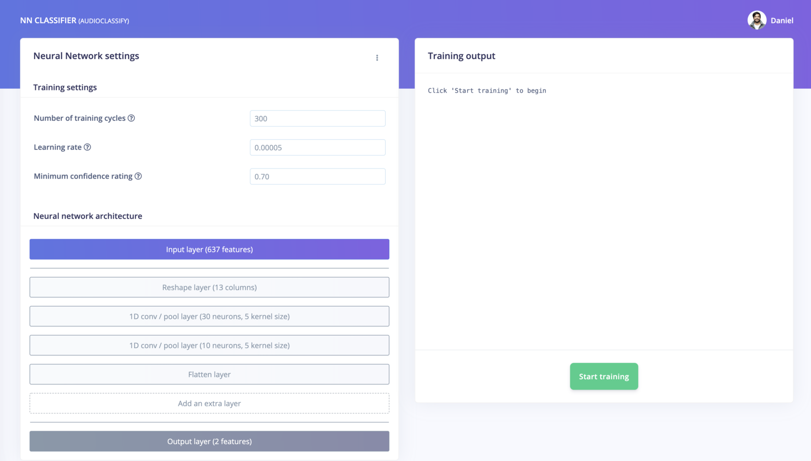 Neural network classifier page for the doorbell detection model