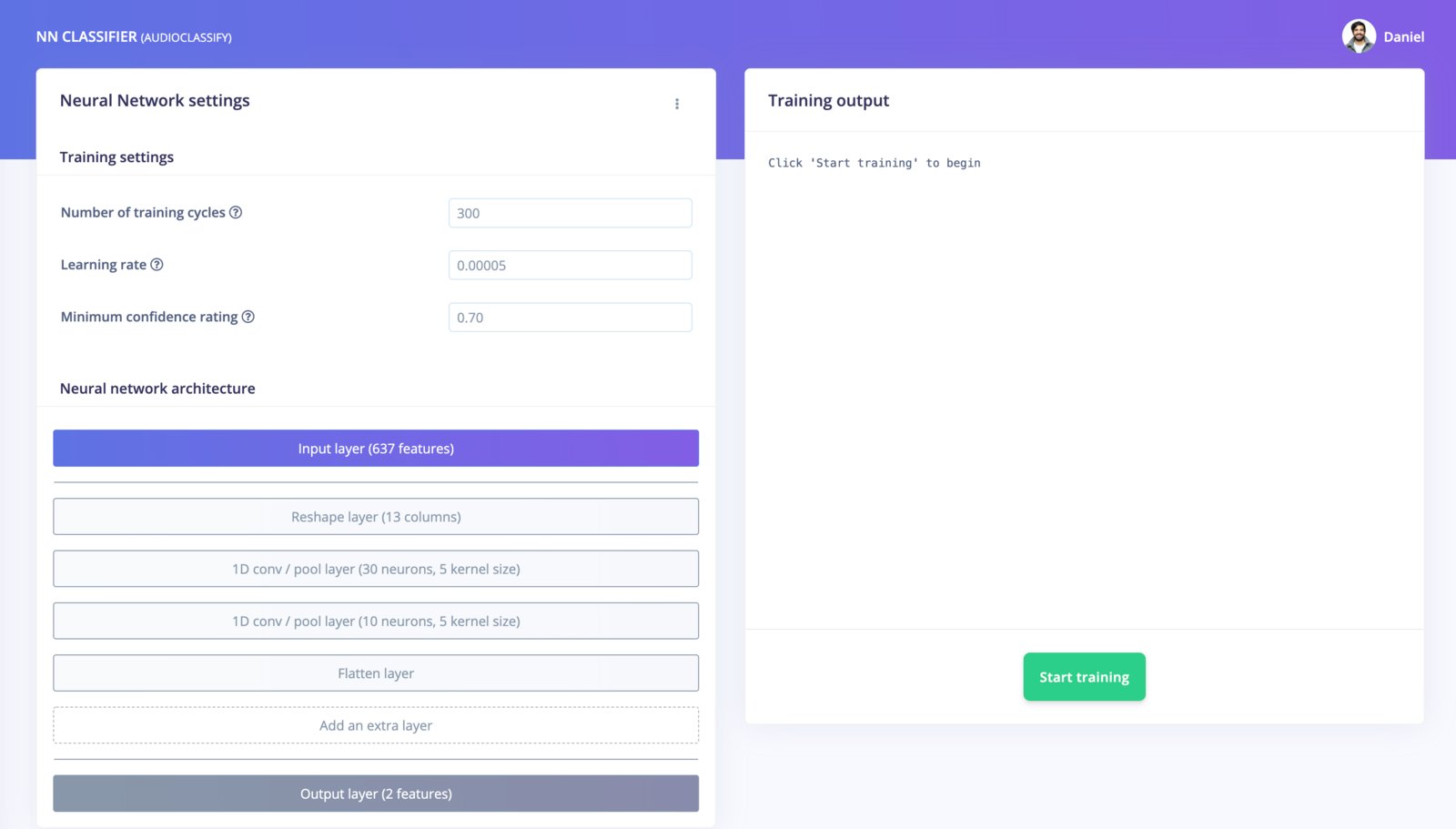 Neural network classifier page for the doorbell detection model