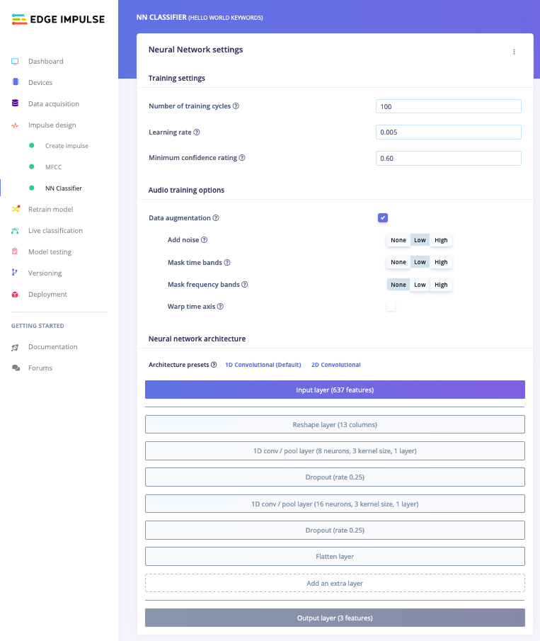 Neural network classifier settings for keyword spotting