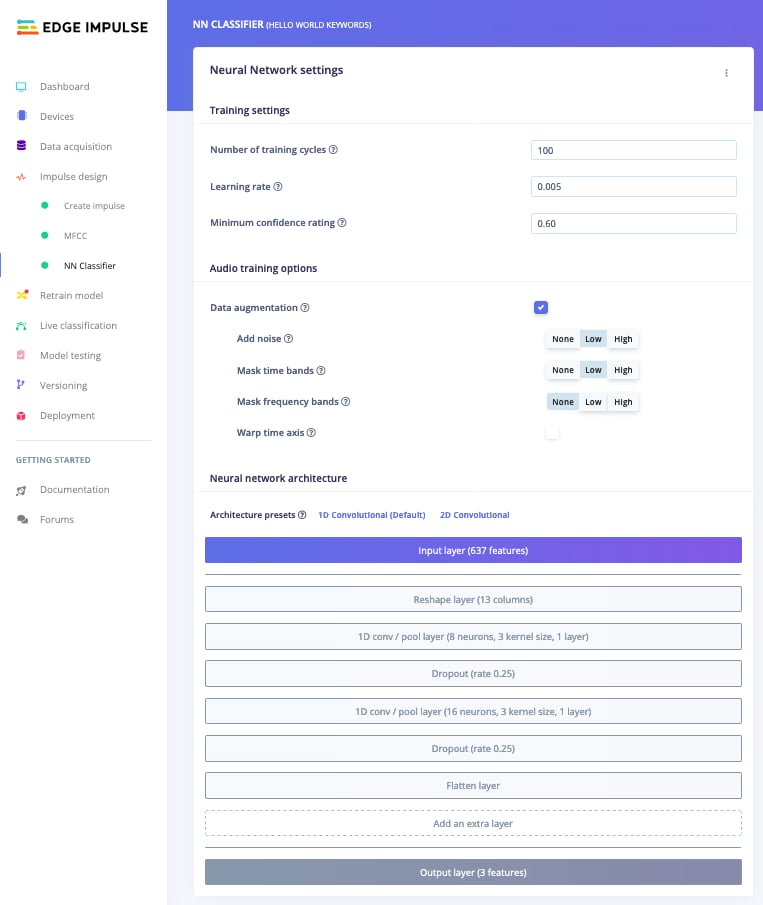 Neural network classifier settings for keyword spotting