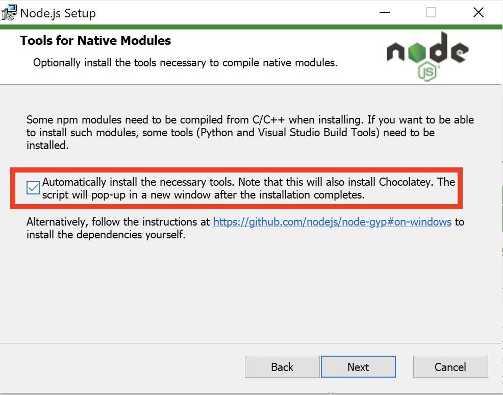 The Node.js installer option for adding tools required to build native modules