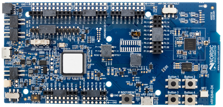 Nordic nRF52840 DK development board viewed from above