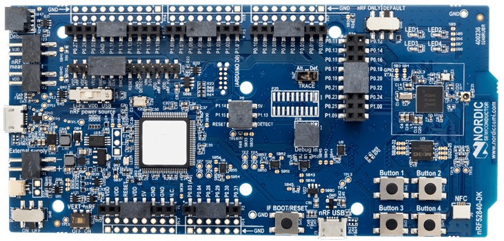 Nordic nRF52840 DK development board viewed from above