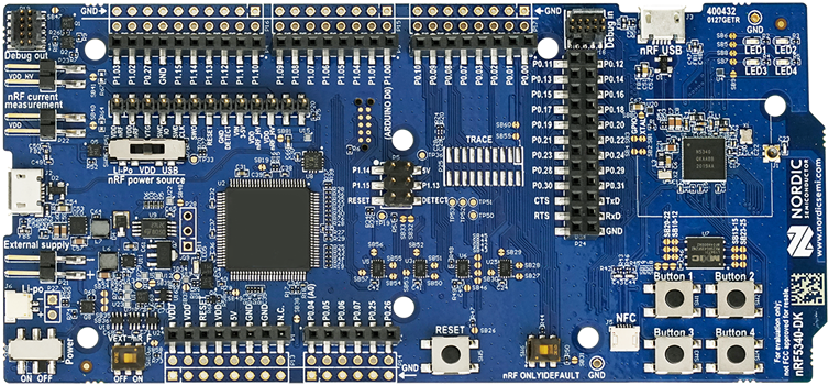 Nordic nRF5340 DK development board viewed from above