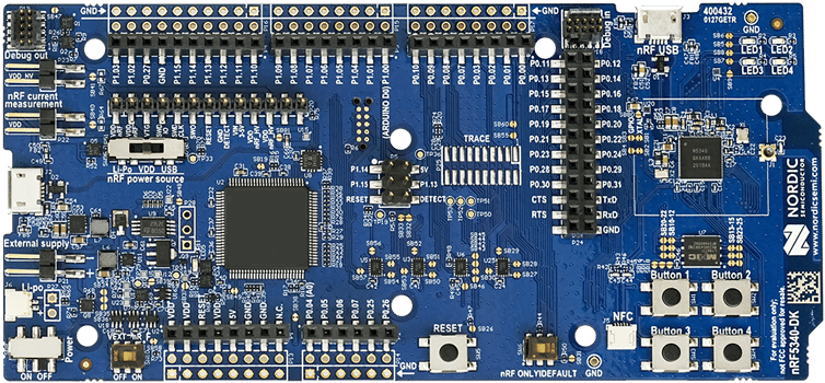 Nordic nRF5340 DK development board viewed from above