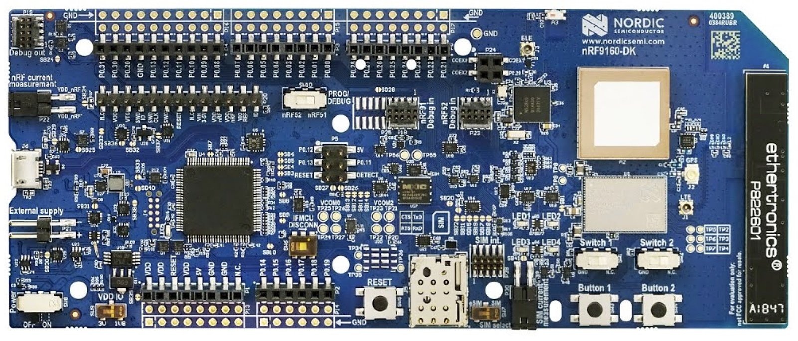 Nordic nRF9160 DK board viewed from above