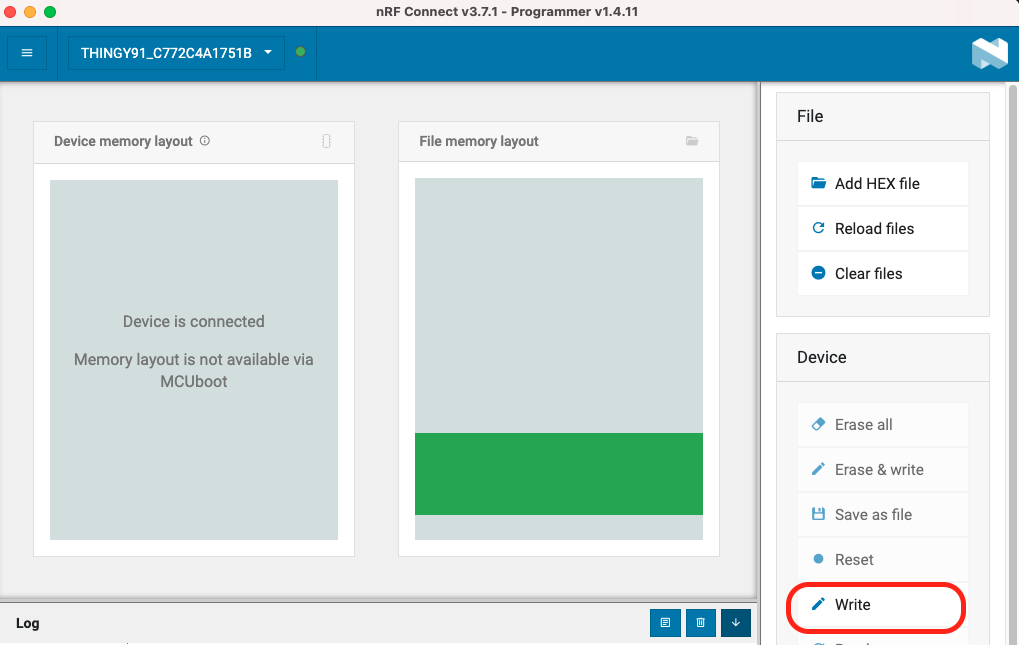 The nRF Connect Programmer app ready to write the firmware HEX file