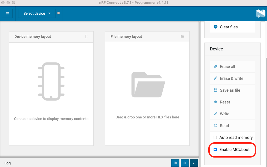 The nRF Connect Programmer app with Enable MCUboot selected