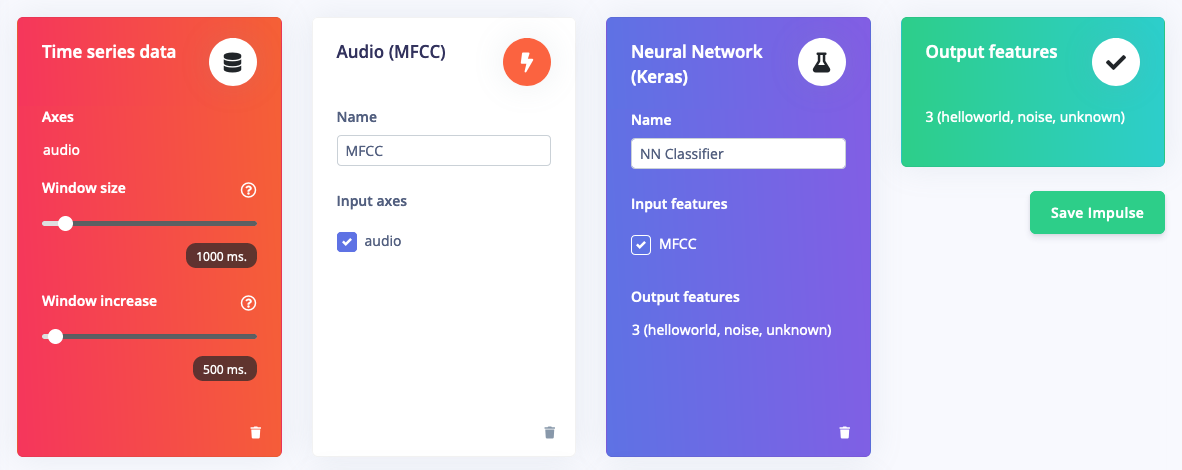 Create impulse page with audio input, MFCC processing, and classifier blocks