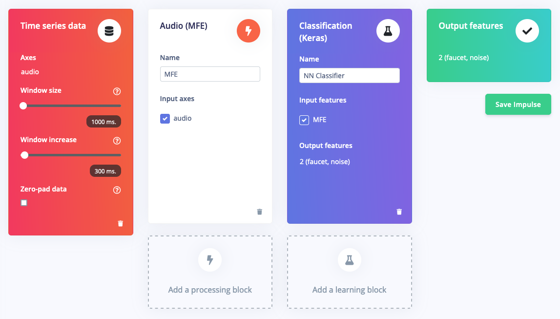 Create impulse page with audio input, MFE processing, and classifier blocks