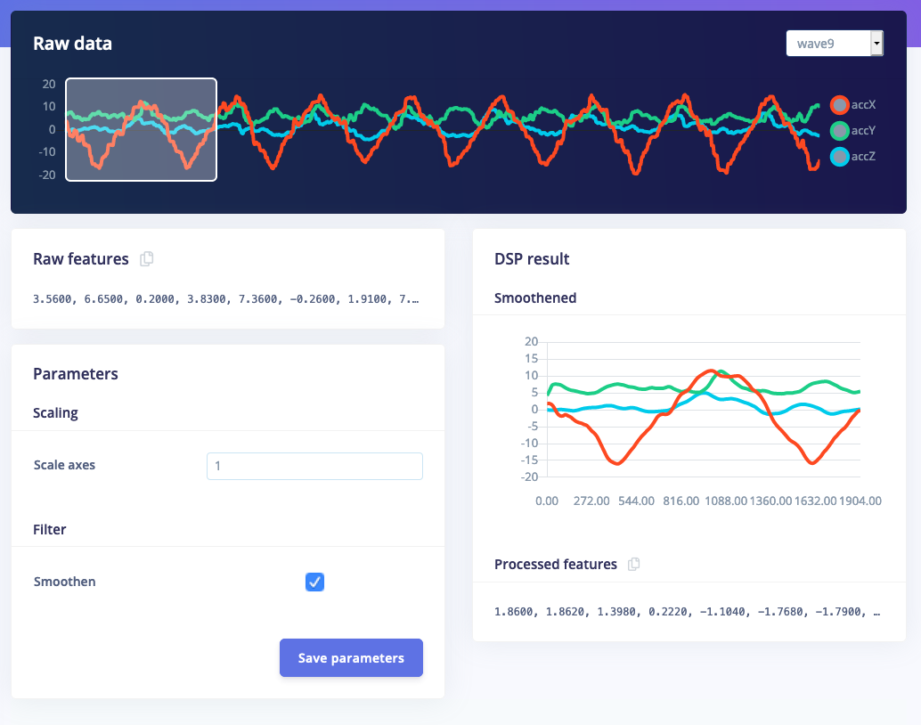 Custom processing block output graph comparing raw and smoothed signal features
