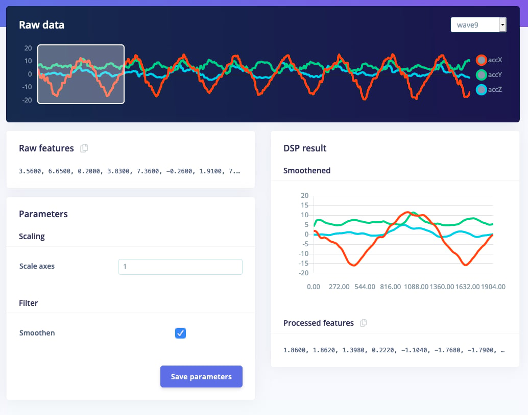 Custom processing block output graph comparing raw and smoothed signal features