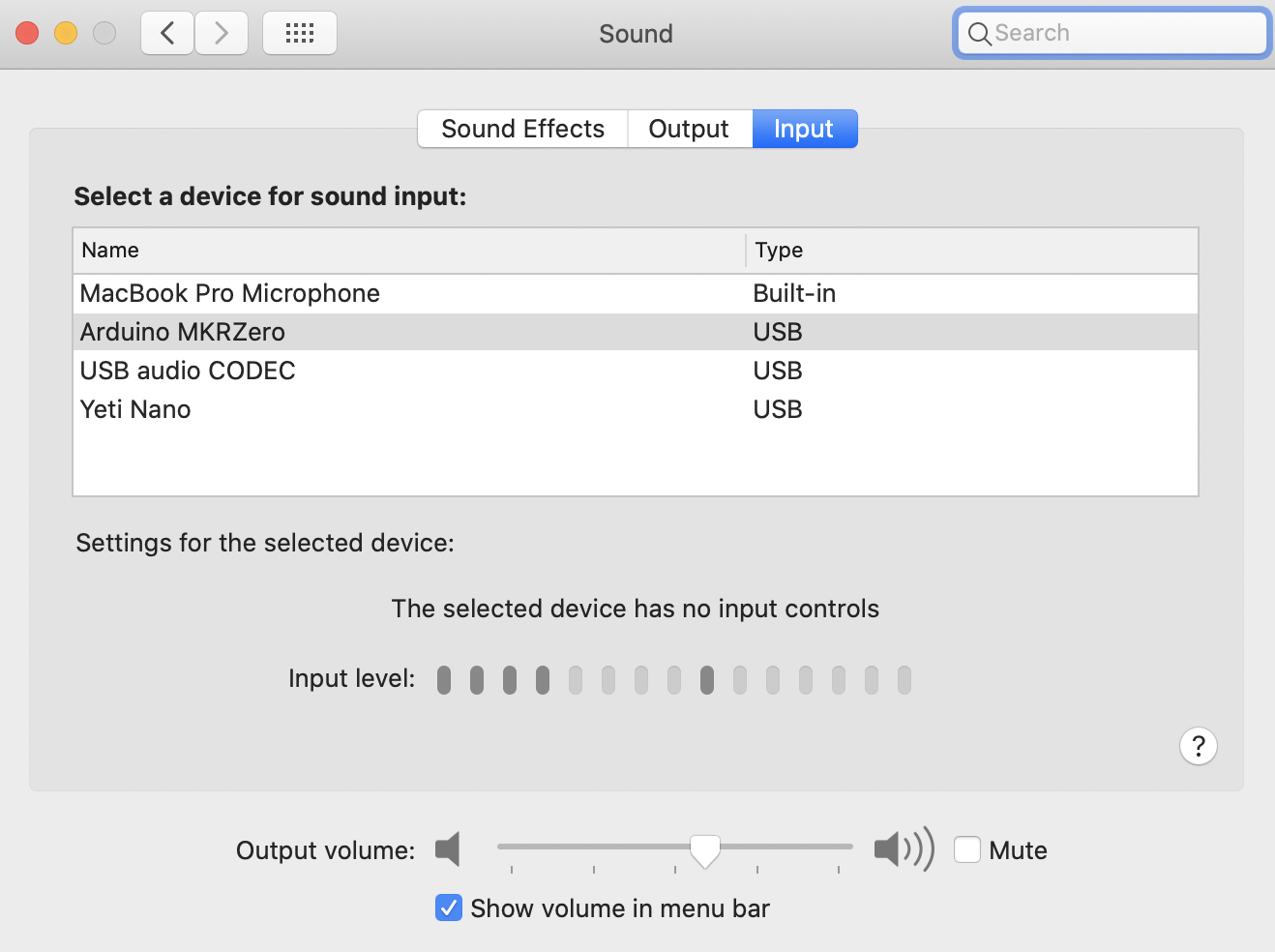 macOS Sound preferences listing TinyML or Arduino MKRZero as an input device